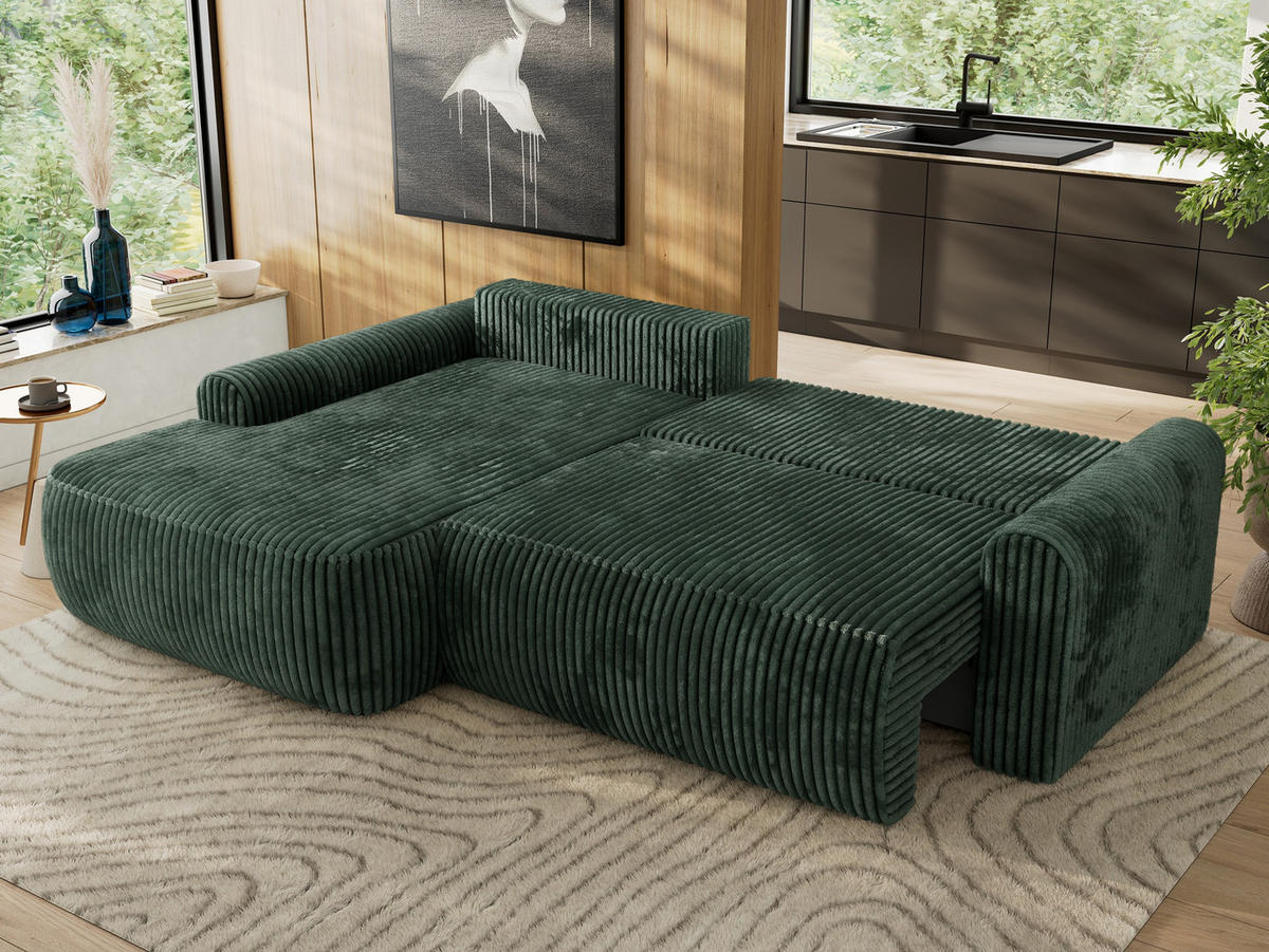 ECKSCHLAFSOFA CUBO L Grün Cord - links - Schwarz/Grün, Kunststoff/Textil (273/187cm) - MKS