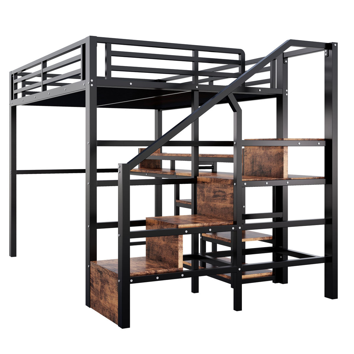 HOCHBETT 140/200 cm mit Leiterschrank und LED, DE-41996, in Schwarz - Schwarz, Metall (140/200cm) - ComfortXL
