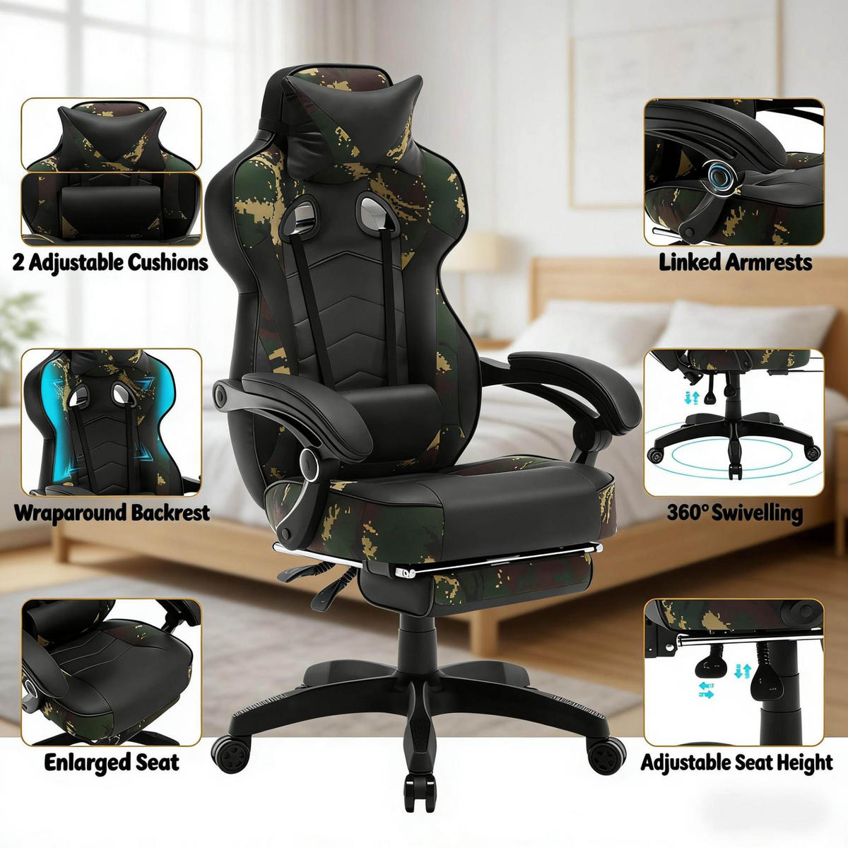 GAMING-STUHL höhenverstellbar mit Fußstütze Kunstleder Schwarz/Grün - Schwarz, Metall (46/128/70cm) - Meubliv
