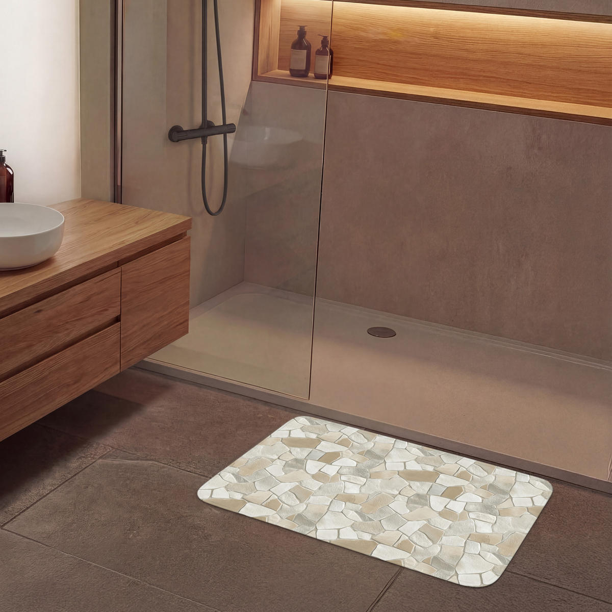 KÚPEĽŇOVÁ PREDLOŽKA Mozaika - Kamienky - béžová 90x60 cm - krémová/béžová, textil/plast (90/60cm) - OnlyWow