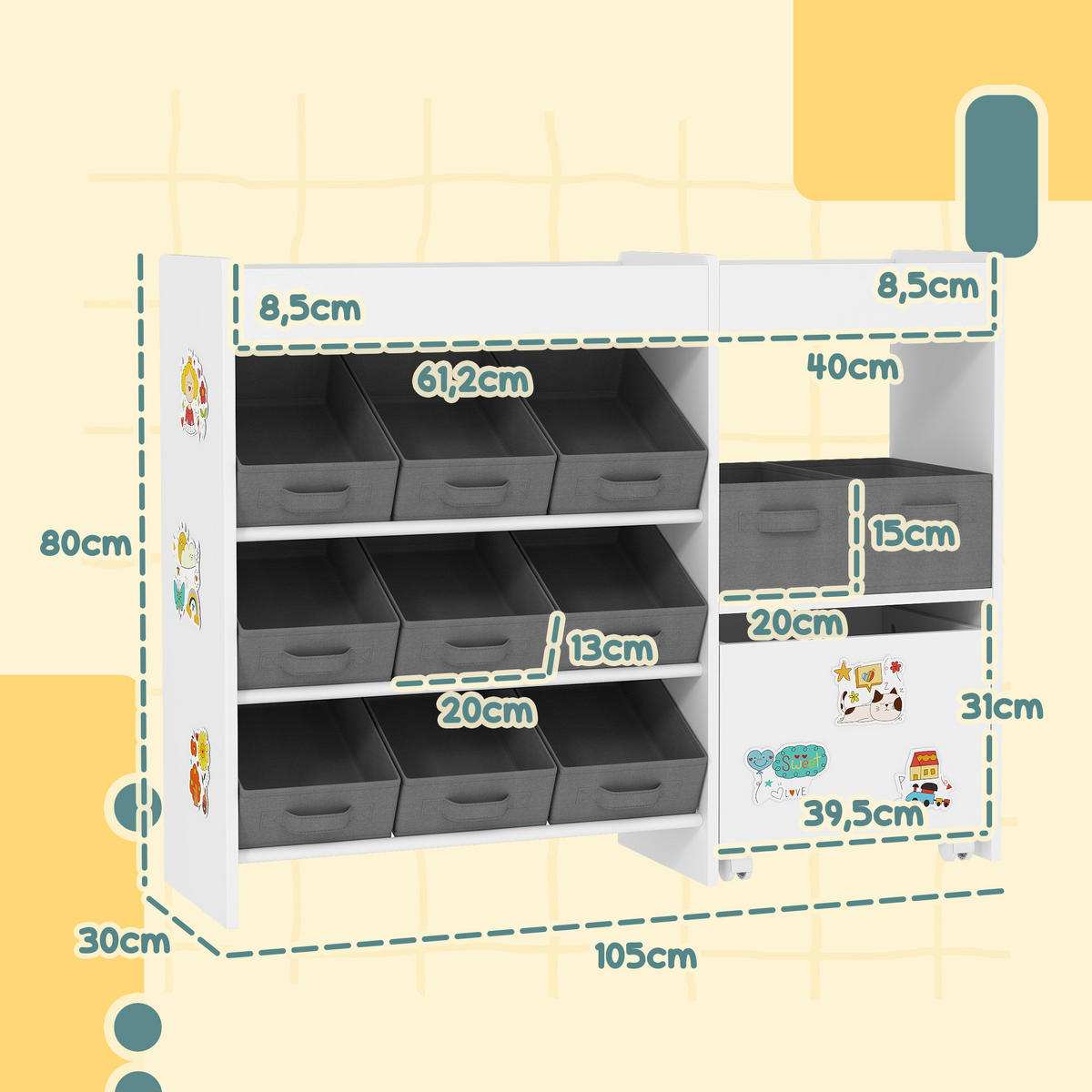 KINDERREGAL DE-17252 11 Aufbewahrungsboxen & Schrankfach Weiß - Weiß, Naturmaterialien (105/80/30cm) - ComfortXL
