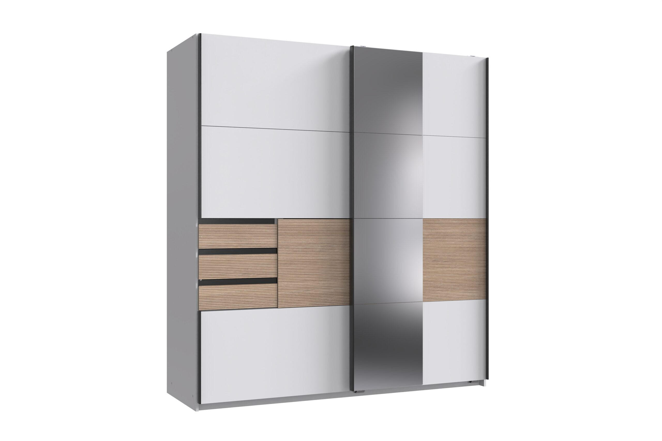 KLEIDERSCHRANK Bremen in Weiß mit Absetzungen in Multiplex 180 x 198 x 65 cm (B/H/T) – Schwebetürenschrank mit Spiegel - Weiß, Holzwerkstoff (120/200/80cm)