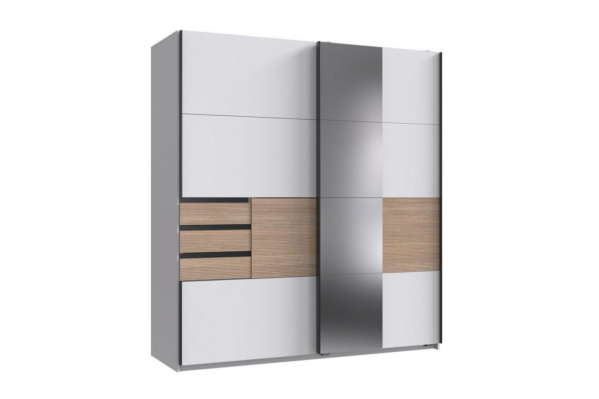 KLEIDERSCHRANK Bremen in Weiß mit Absetzungen in Multiplex 180 x 198 x 65 cm (B/H/T) – Schwebetürenschrank mit Spiegel - Weiß, Holzwerkstoff (120/200/80cm)