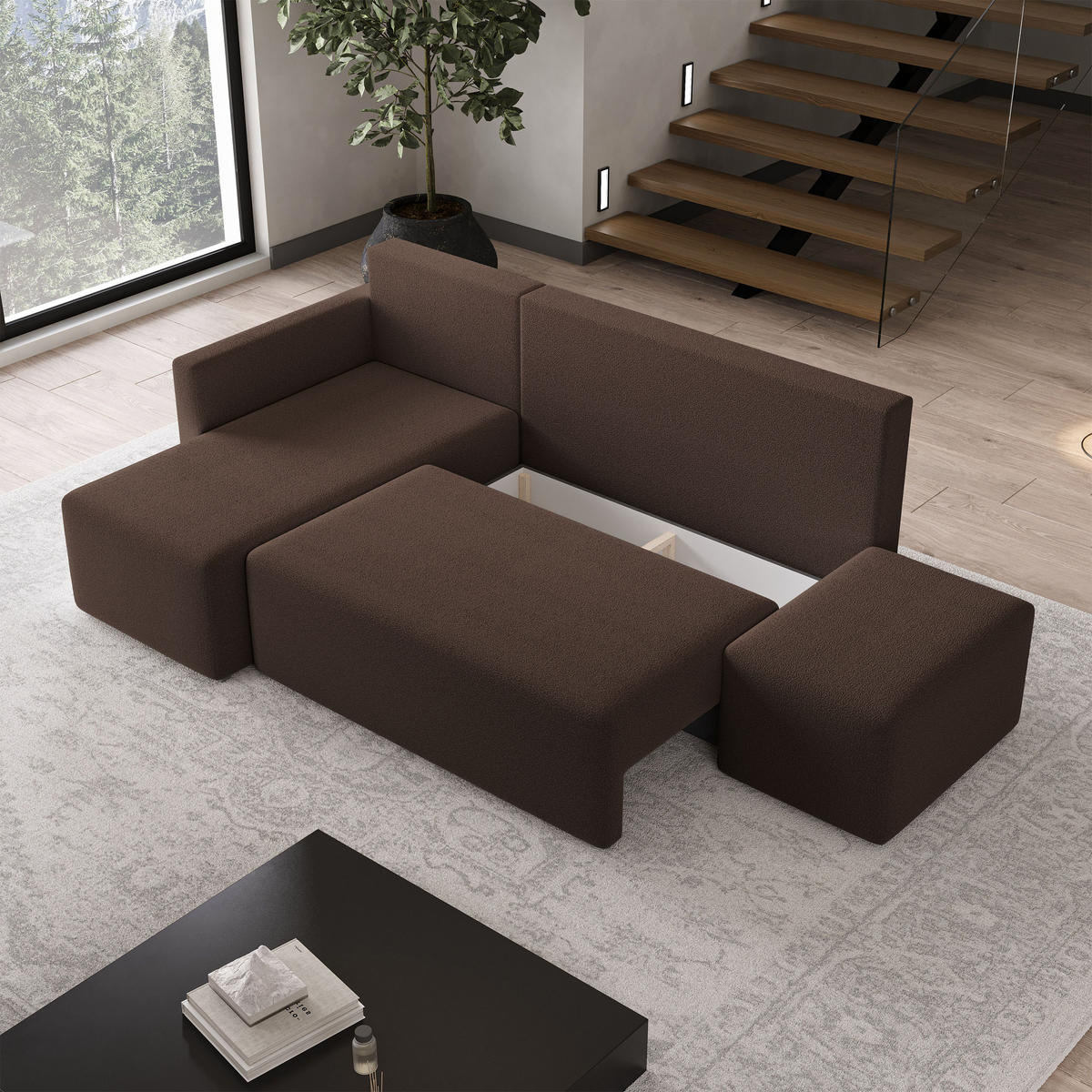 ECKSOFA VELOTTI L-S Braun Boucle-Stoff mit Schlaffunktion - Braun, Holz (261/143cm) - MASSENO