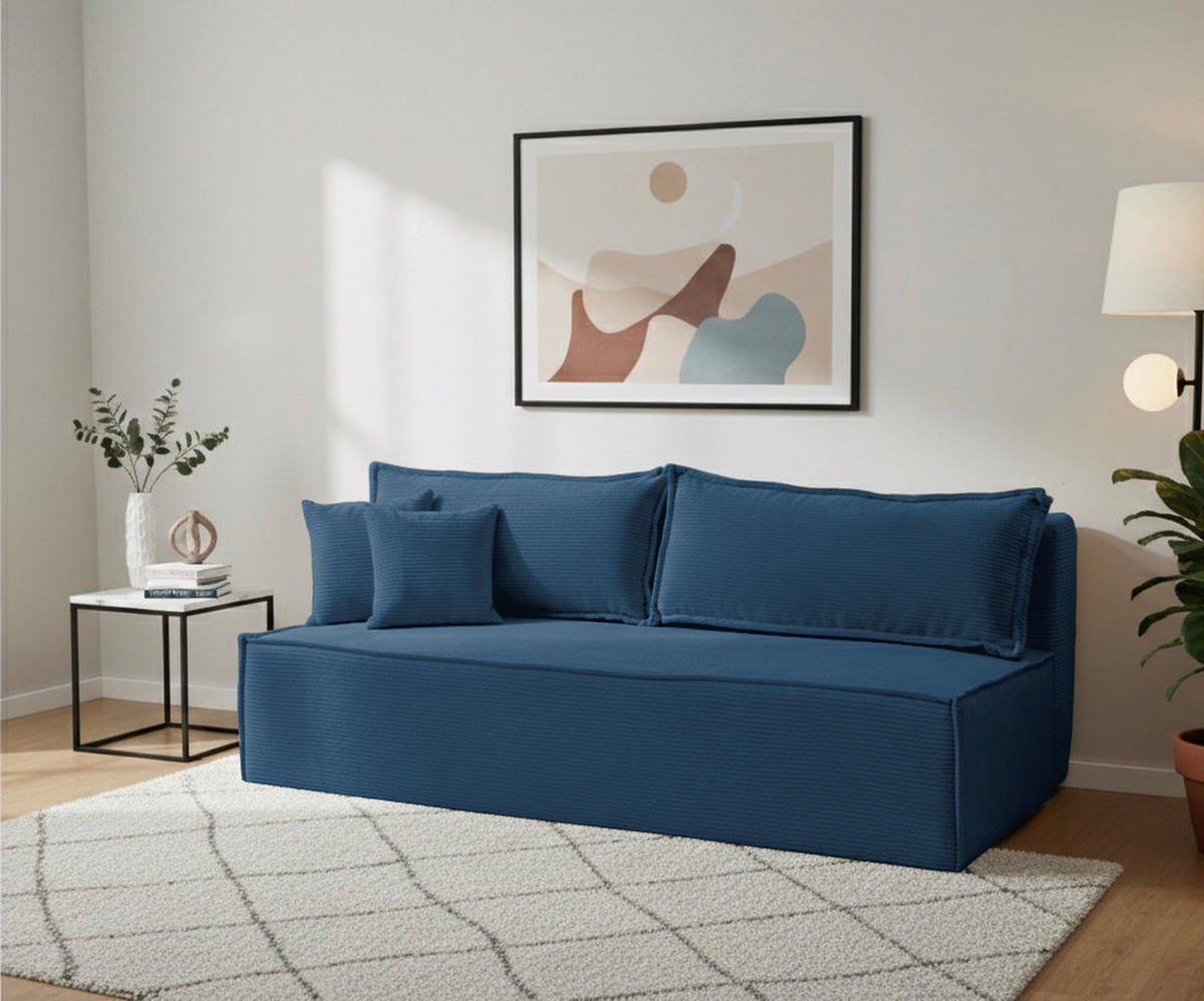 SCHLAFSOFA TIMO, Sofa mit Schlaffunktion und Bettkasten, Farbe: Blau, Cordstoff - Blau, Textil (200/80/93cm) - VENASI MÖBEL