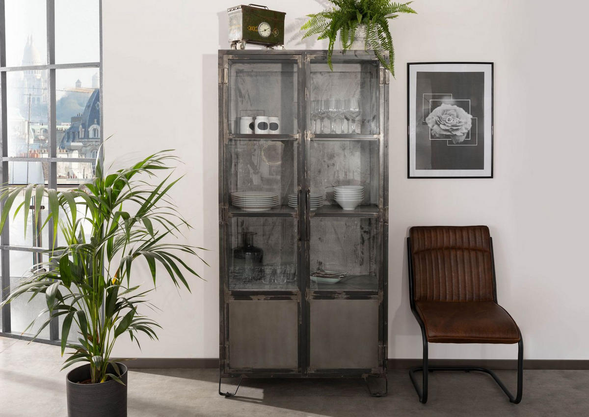 VITRINE Mango 90x40x190 grau lackiert HEAVY INDUSTRY #123 - Grau, Holz (90/190/40cm) - Massivmoebel24