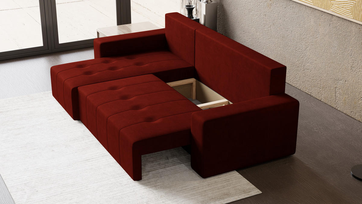 ECKSOFA Tico mit Bettkasten und Schlaffunktion, L-Form/XL-Form, Velourstoff, Universal - Weinrot, Holzwerkstoff (246/145cm) - 4ALL HOME