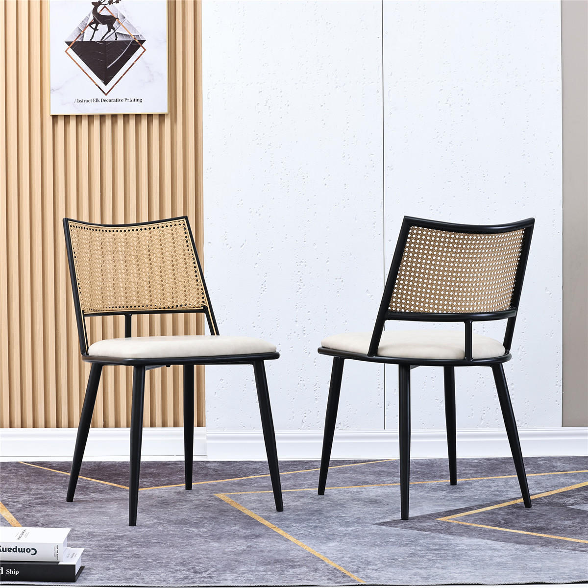 ESSZIMMERSTUHL 2er Set PU Sitz Rattan Rückenlehne schwarz - Schwarz, Metall (46/80/48cm) - Kaket