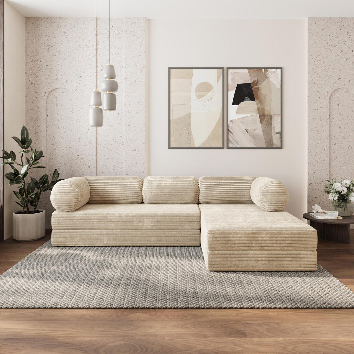 ROHOVÁ SEDAČKA ETERA modulární Boneless pohovka s funkcí spaní, krémová TILIA 03 - krémová, textil (270/160cm) - MASSENO