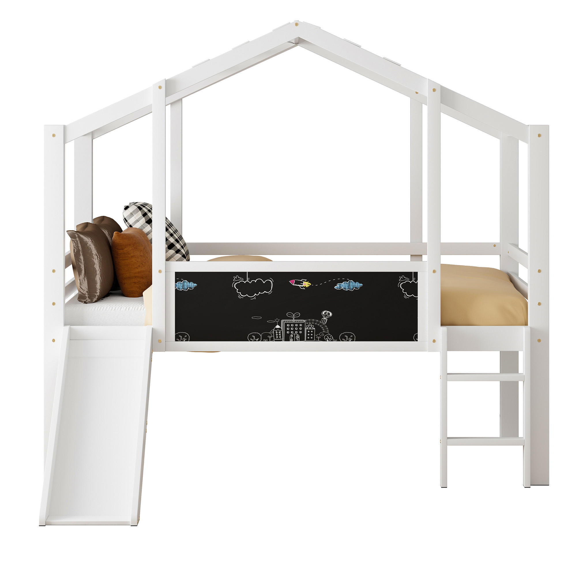 HOCHBETT 90/200 cm Dachboden-Design mit Rutsche und Tafel Weiß mit Matratze - Weiß, Holzwerkstoff (90/200cm) - OKWISH