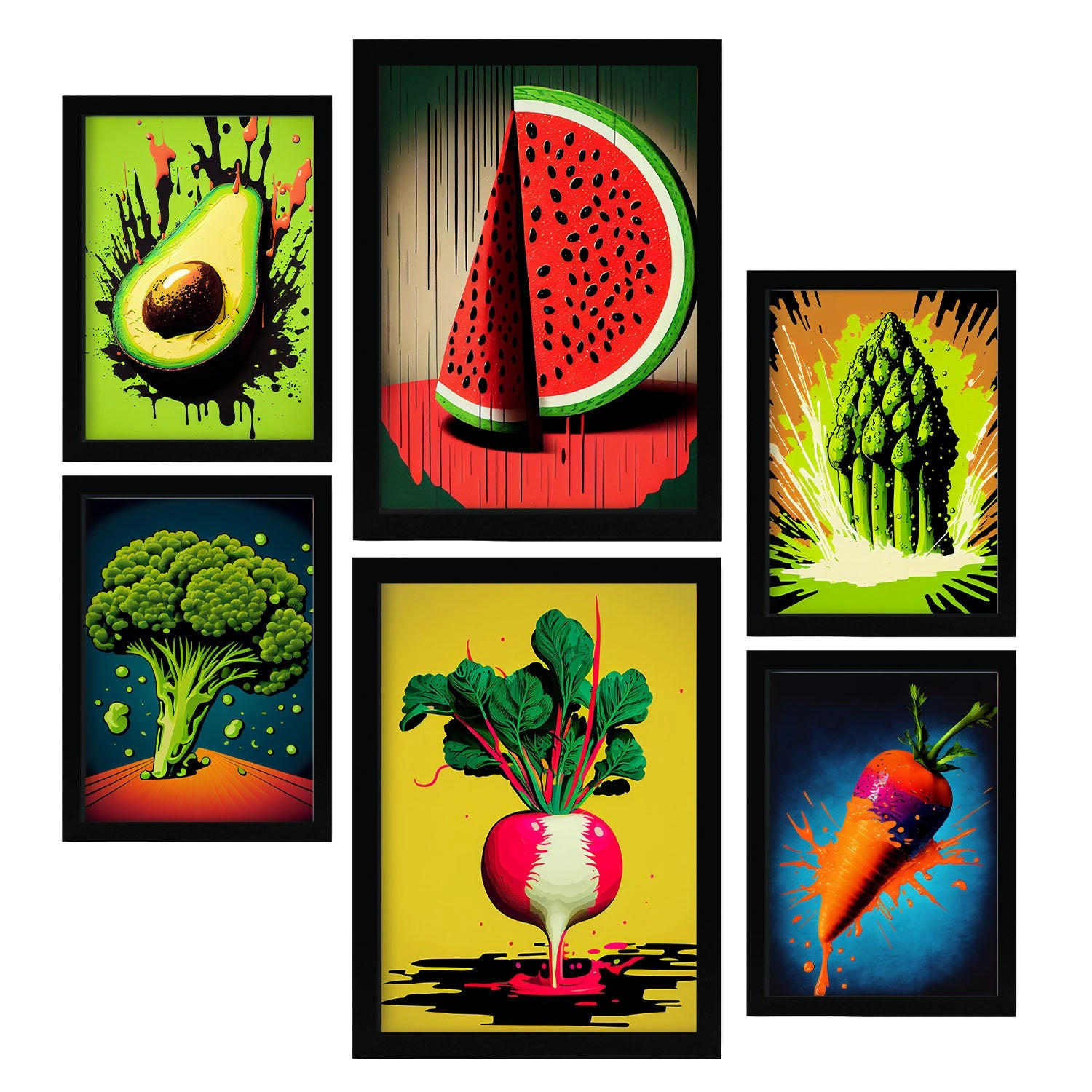 POSTER Set Mit 6 Ausgewogene Ernährung Vollfarbige Plakate Von Obst, Gemüse Und Gesunden Lebensmitteln Im Urban Art Stil A3 & A4 Schwarzer Rahmen - Schwarz, Papier (29/3cm) - Nacnic