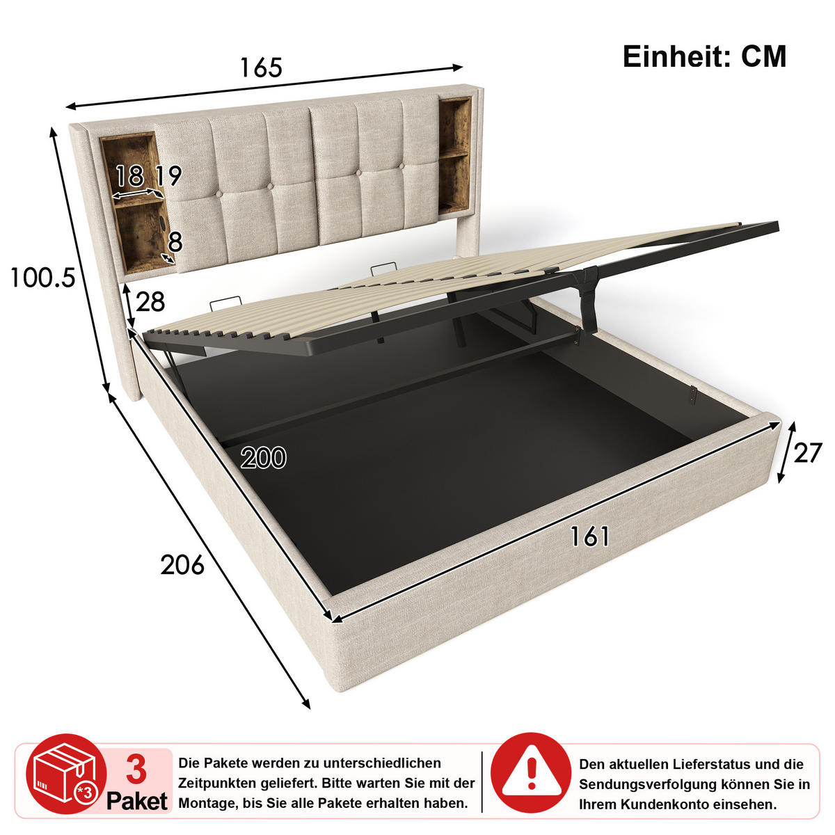 POLSTERBETT 160/200 cm in Natur Leinen mit Bettkasten, USB, Typ-C und kabellosem Laden - Naturfarben, Holzwerkstoff/Textil (160/200cm) - WISHDOR