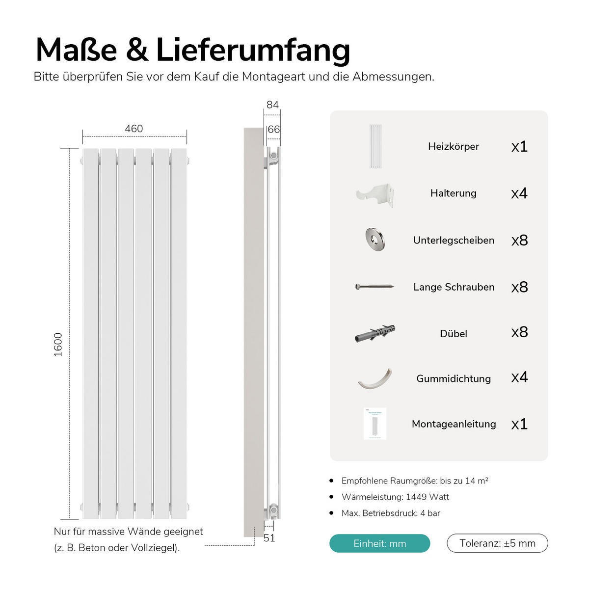 HEIZKÖRPER Flachheizkörper Weiß 160/46/6,6 cm - Weiß, Metall (46/160/6.6cm) - EMKE