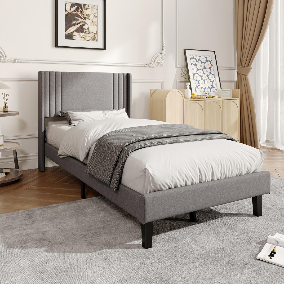 POLSTERBETT 90x200 cm Einzelbett mit Lattenrost, Leinenstoff Grau - Grau, Metall (90/200cm) - EuroLiving