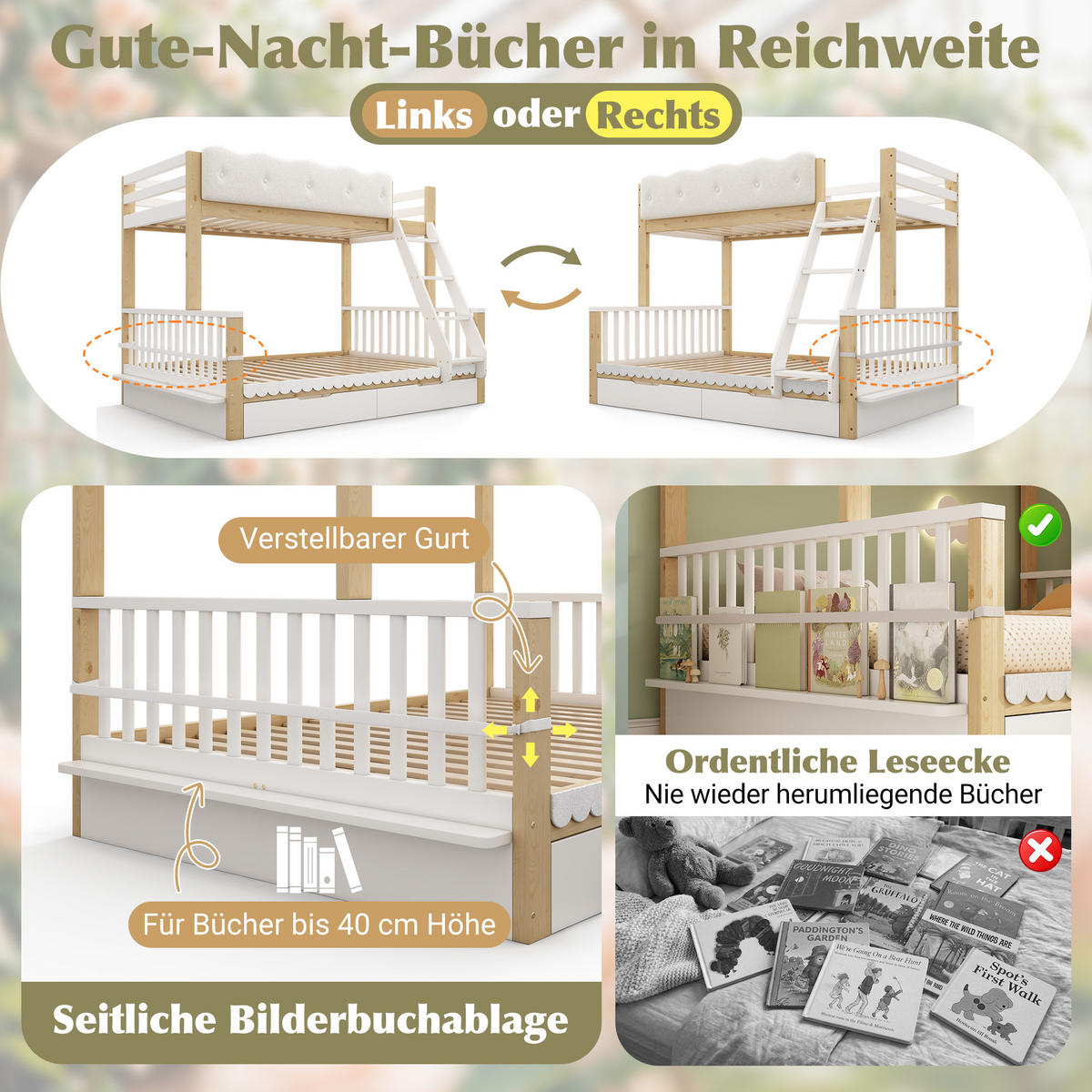ETAGENBETT 90/200 cm & 140/200 cm in Weiß & Eiche mit Schubladen, Zeitschriftenständer und Leiter aus Holz im Gartenstil - Eichefarben/Weiß, Holzwerkstoff - STILVORA