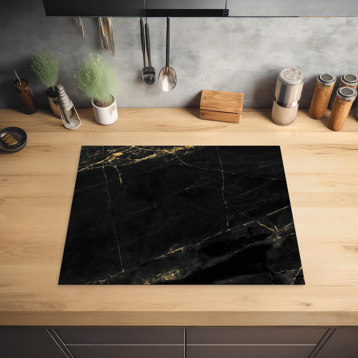 HERDABDECKPLATTE Marmor - Schwarz - Gold - Chic - Marmoroptik - Design Herdabdeckung Induktionsfeld 65x52 cm - Schwarz, Kunststoff (65/52/0.2cm) - MuchoWow