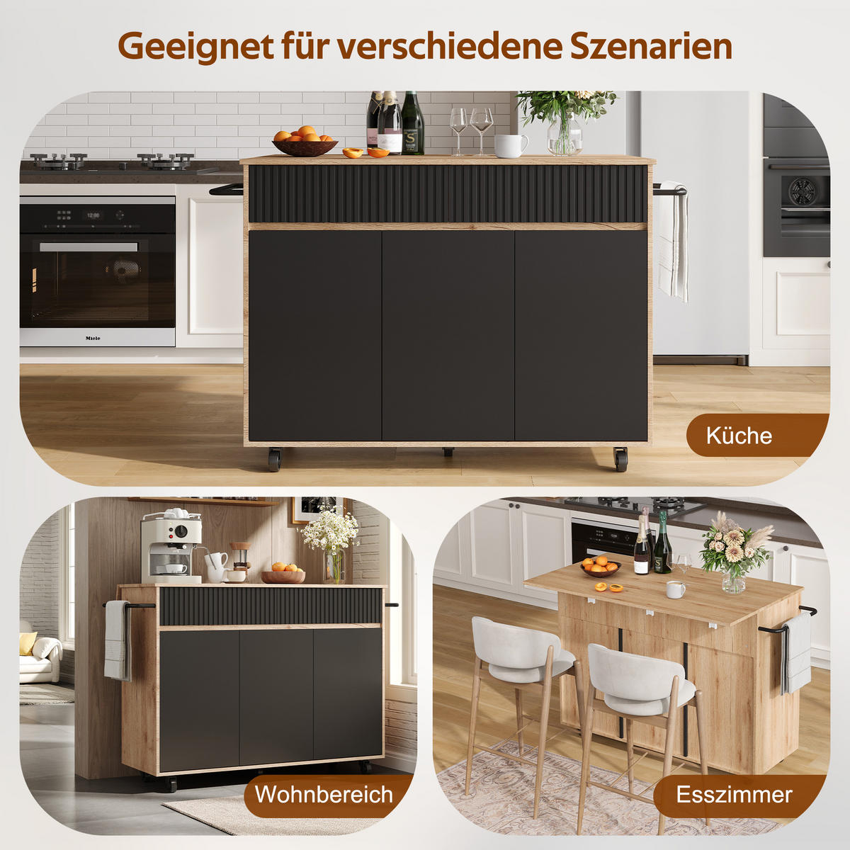 KÜCHENINSEL auf Rollen 120/65/91 cm Schwarz mit klappbarer Arbeitsplatte und 2 Schublade - Silberfarben/Schwarz, Holz/Holzwerkstoff (65/91/120cm) - Oxeza