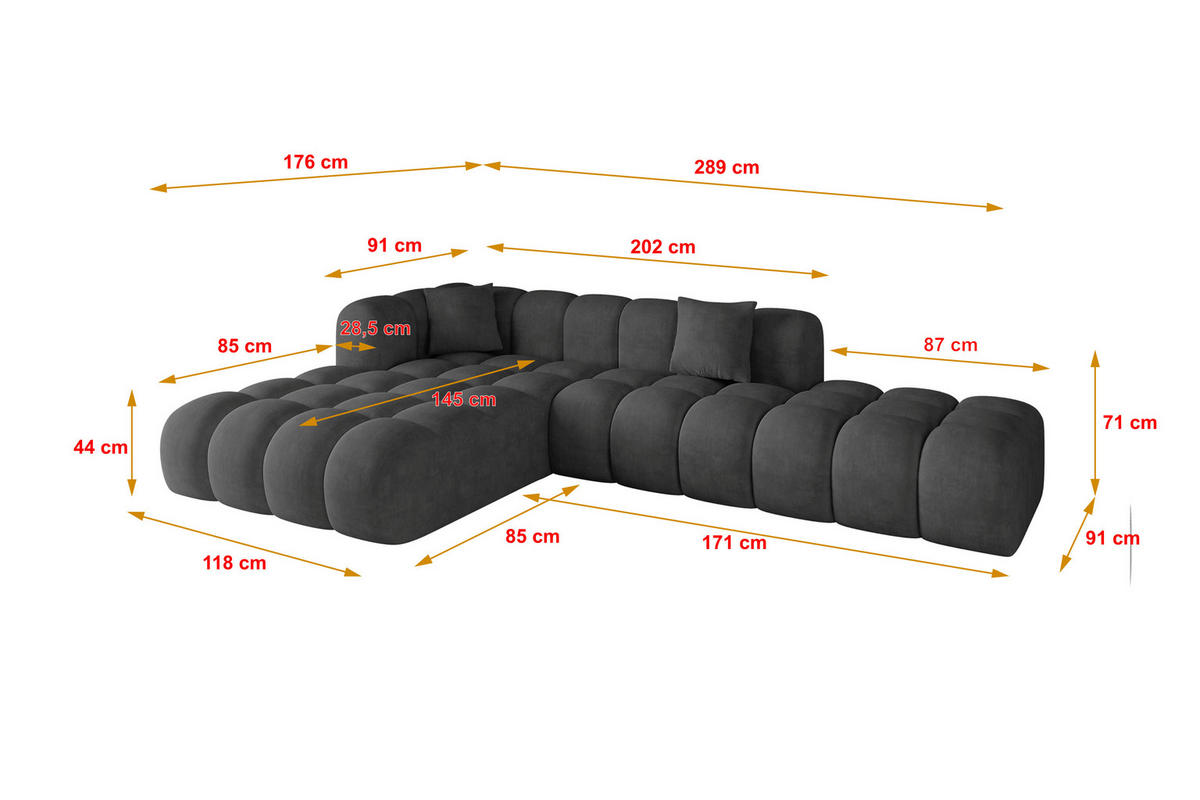 ECKSOFA Ottomane Links OLEA-L2 - 289x176x71 cm Anthrazit - Anthrazit/Schwarz, Holzwerkstoff/Kunststoff (289/176cm) - ALTDECOR