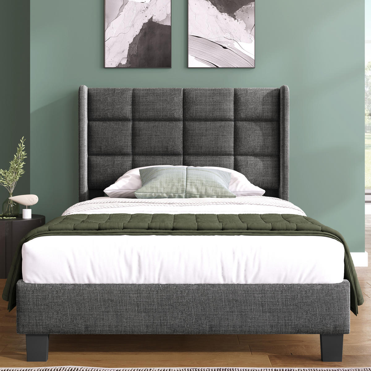 POLNJENA postelja iz lanu 90x200 cm siva z visokim vzglavjem, letvenim dnom in tihim stabilnim okvirjem - siva, tekstil (90/200cm) - Modfu