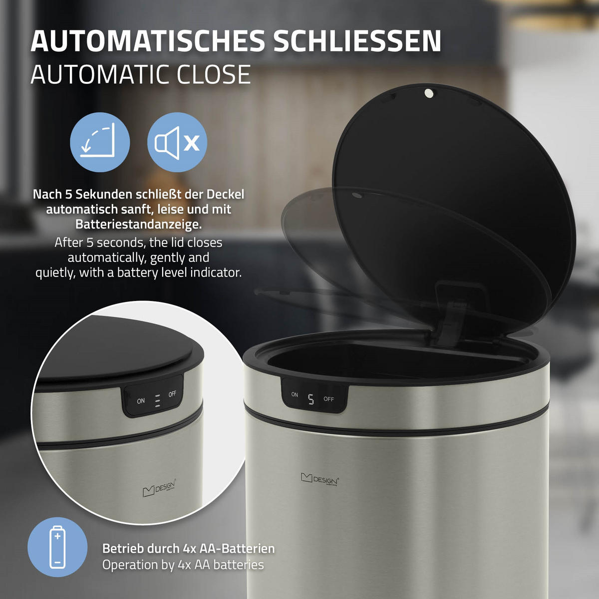 MÜLLEIMER mit Sensor 40L rund aus Edelstahl Silber - Silberfarben, Metall (29/68/29cm) - ML-DESIGN