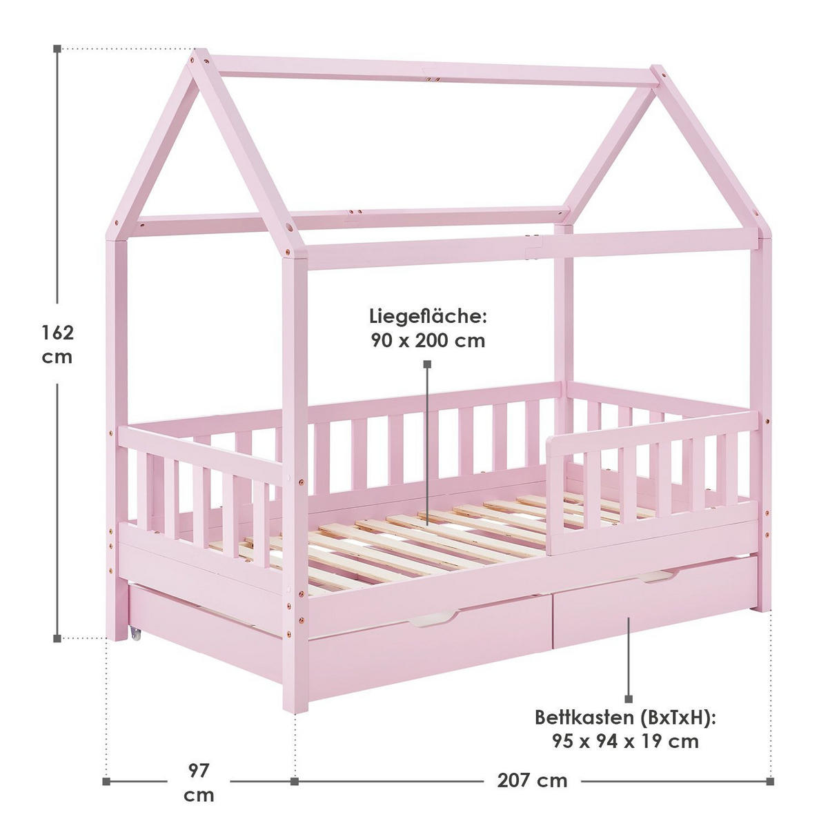 KINDERBETT Marli rosa 90x200 cm mit Bettkasten - Rosa, Holz (90/200cm) - Juskys