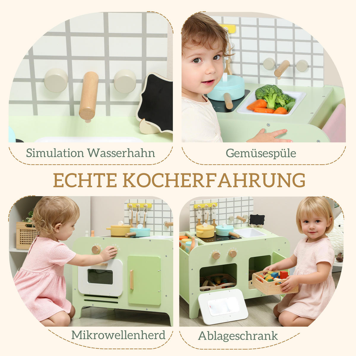 KINDER-SPIELKÜCHE mit Mikrowelle Spüle und Zubehör Grün - Grün, Holzwerkstoff (60/31.6/58cm) - AIYAPLAY