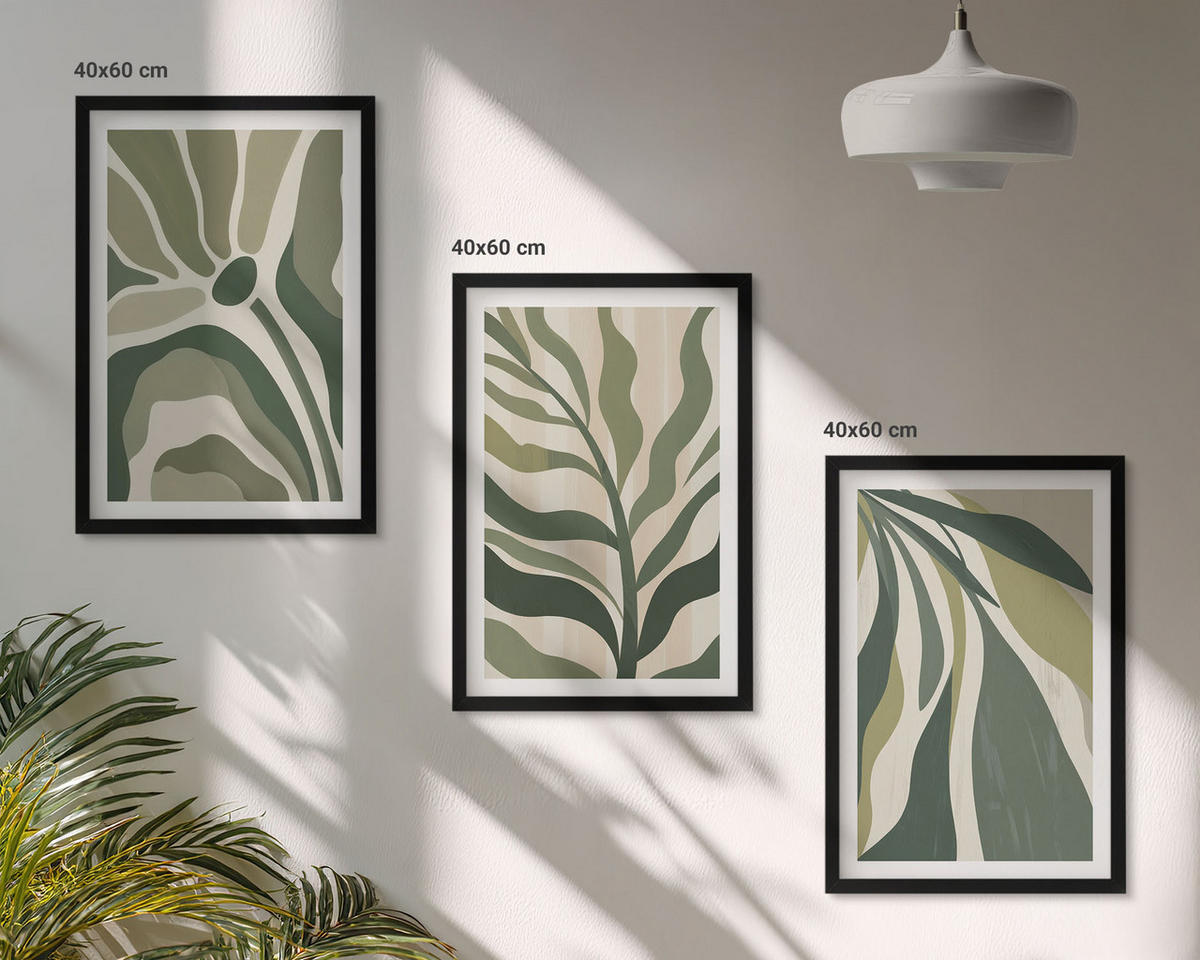 WANDBILDER 3er-Set - 40x60 cm Schwarzer Rahmen - Illustrationen gemalter grüner Blätter - Schwarz, Kunststoff (40/60cm) - ArtPrintCave