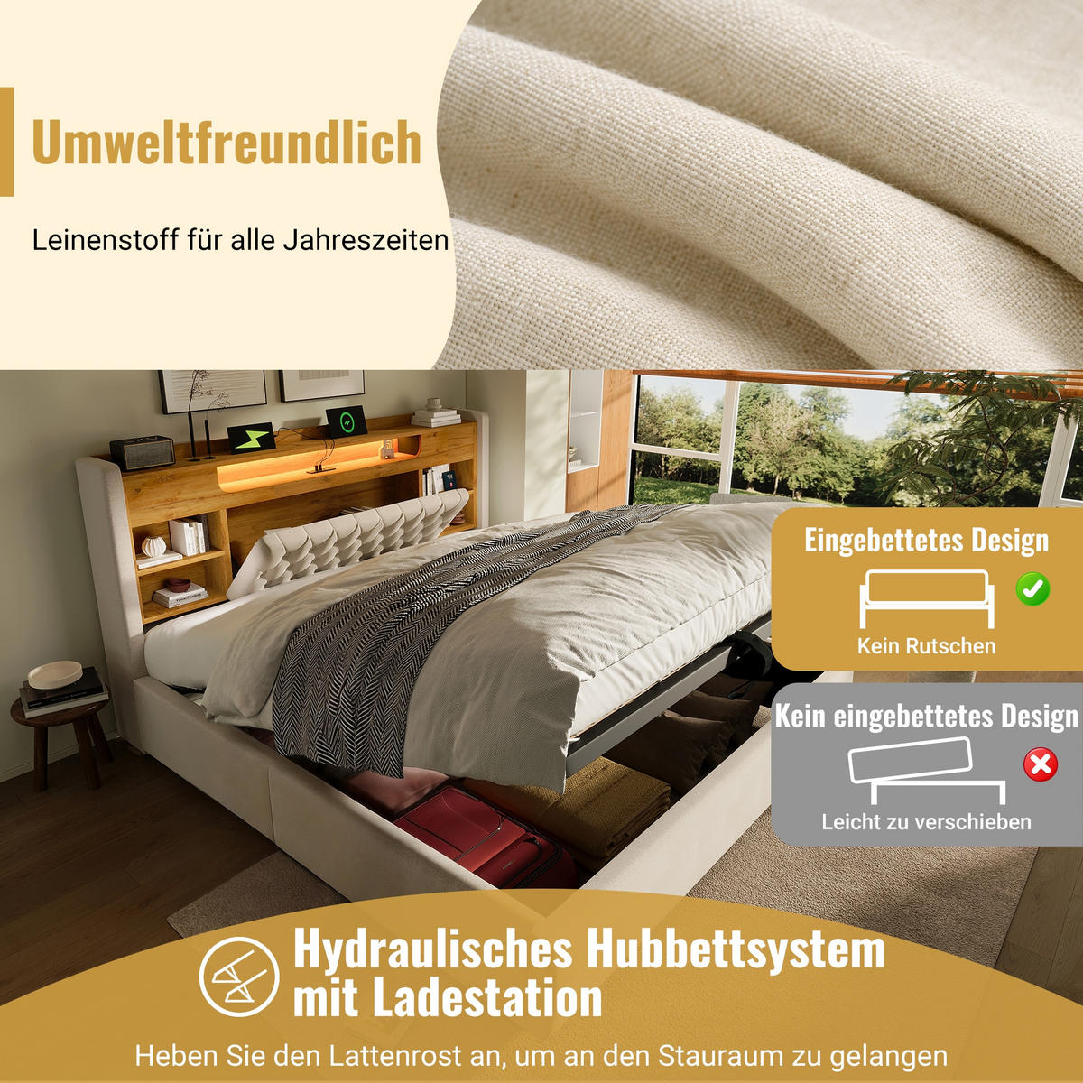 POLSTERBETT 140/200 cm Beige mit LED-Beleuchtung und Stauraum-Kopfteil - Beige, Textil (140/200cm) - Oxeza