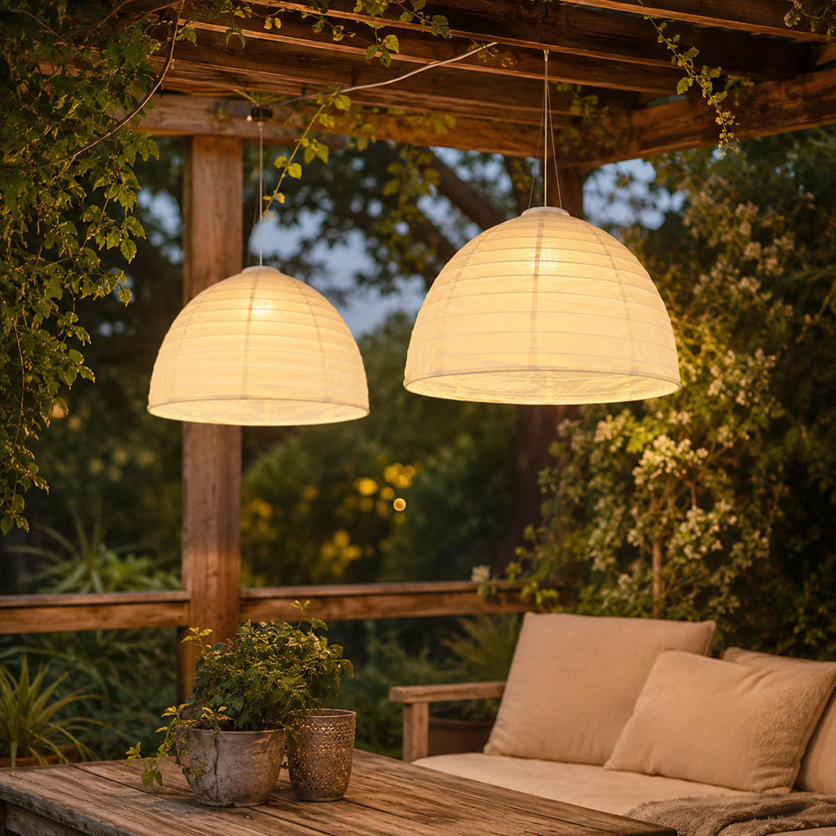 LED AUSSENHÄNGELAMPE Leinen Weiß 2er Set - Weiß, Textil (40/40/30cm) - Globo Lighting