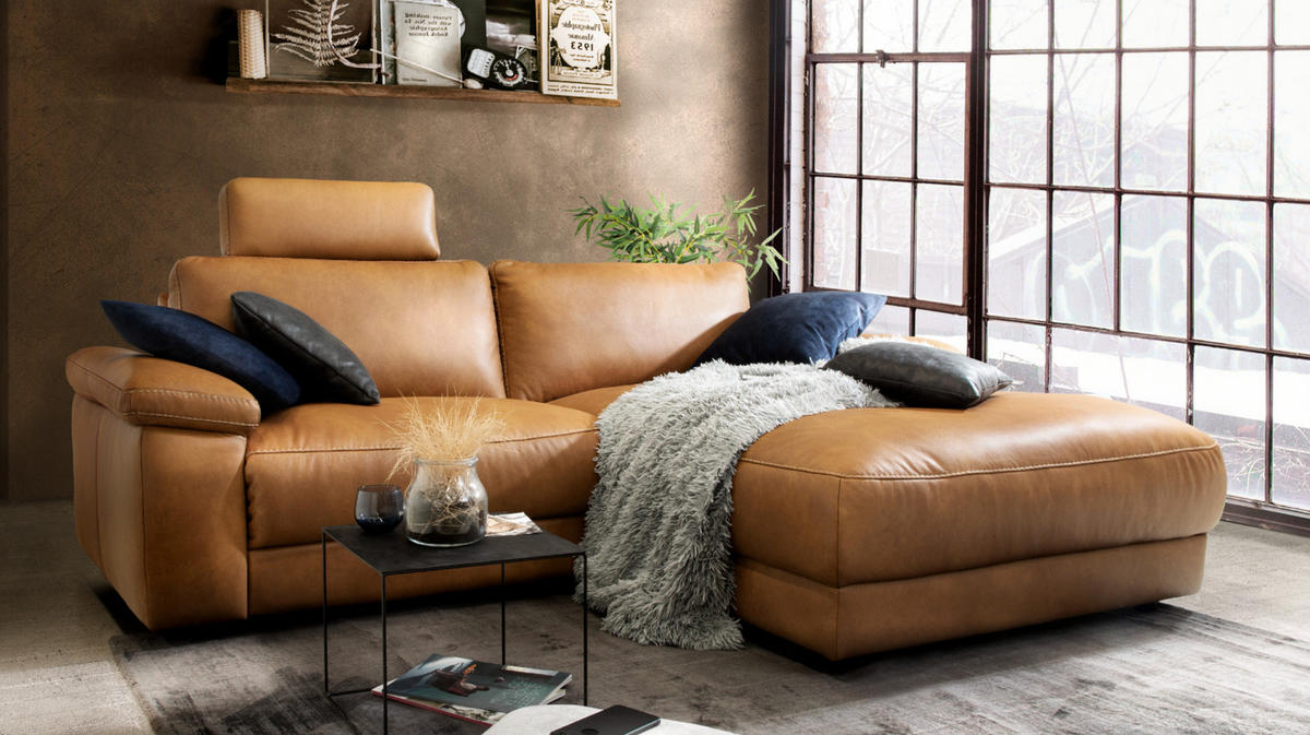 ECKSOFA MOTORISCH. RELAXFUNKTION LOLA Rotbraun Leder - Rotbraun/Schwarz, Leder (233/178cm) - KAWOLA