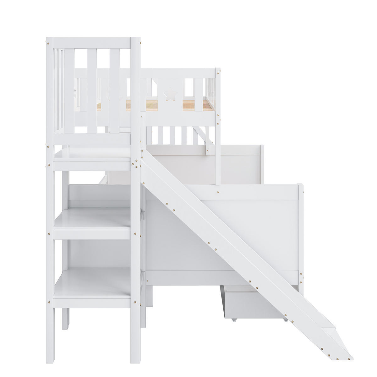 ETAGENBETT 90/200 & 140/200 cm mit Rutsche, Leiter, Regalen und 2 Schubladen, Weiß - Weiß, Holzwerkstoff (90/140cm) - Redom