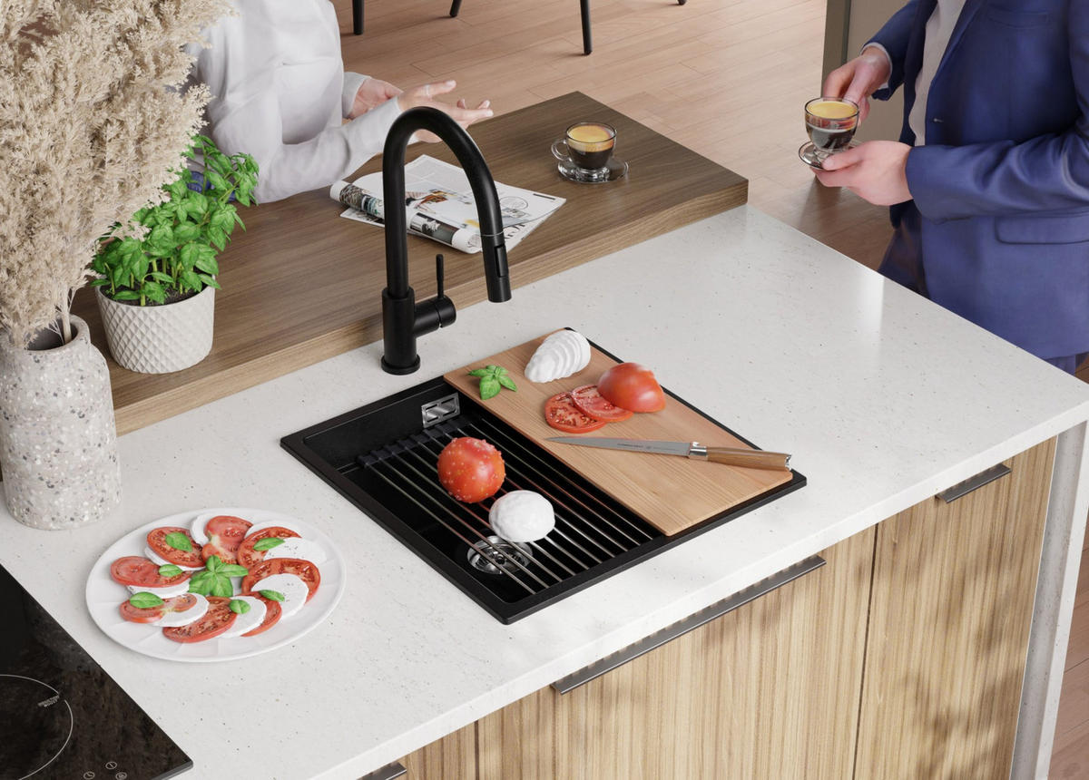 GRANITSPÜLE Praga Slim, 2-er set Schwarz 46/47 cm 1 Becken + Küchenarmatur 32/20 cm + Ablauf-Set + Aufrollbare Abtropffläche ab 50er Unterschrank - Chromfarben/Schwarz, Kunststoff (46/20/47cm) - Primagran