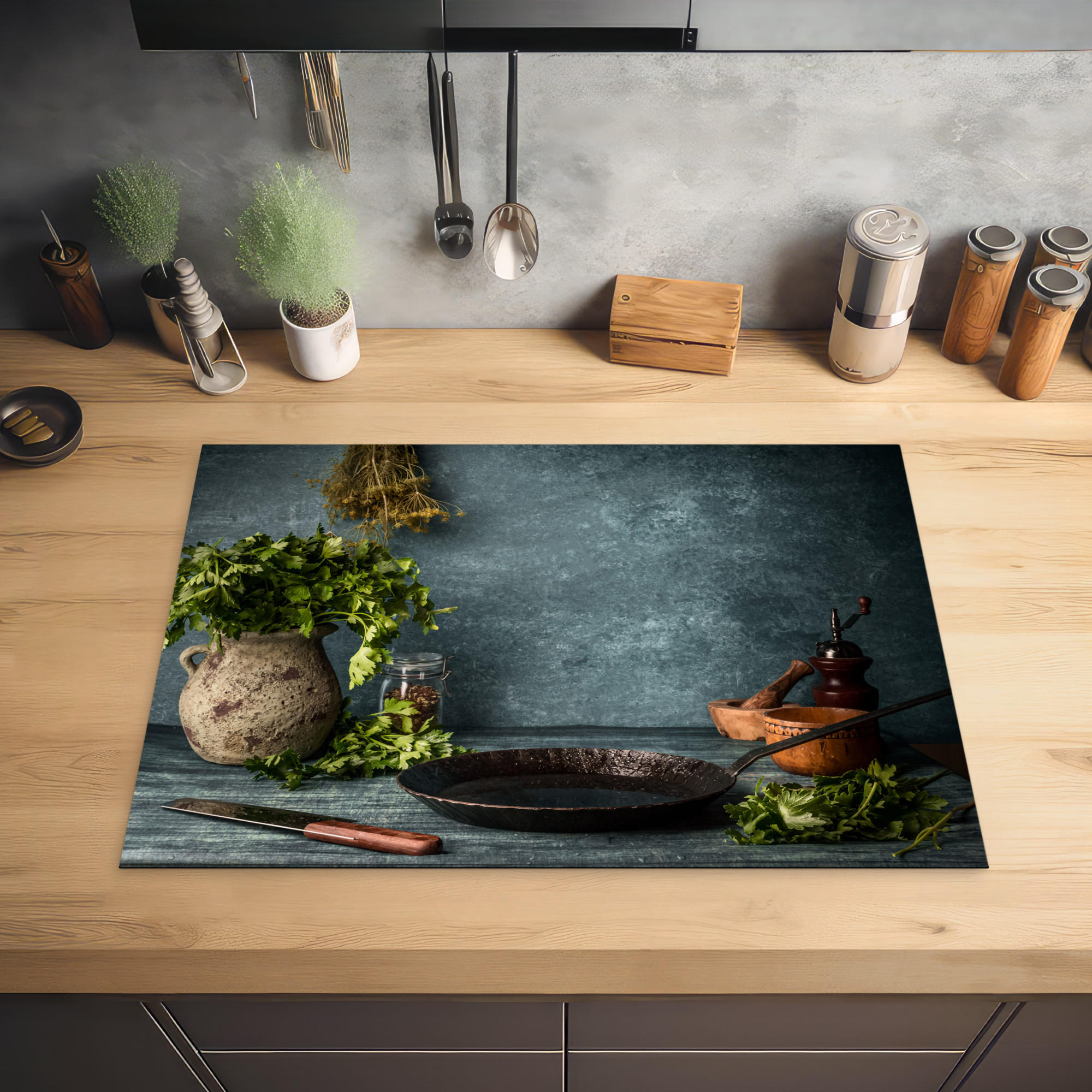 HERDABDECKPLATTE Kräuter - Gewürze - Pfanne - Messer - Grau - Rustikal 75x52 cm - Petrol, Kunststoff (75/0.2/52cm) - MuchoWow