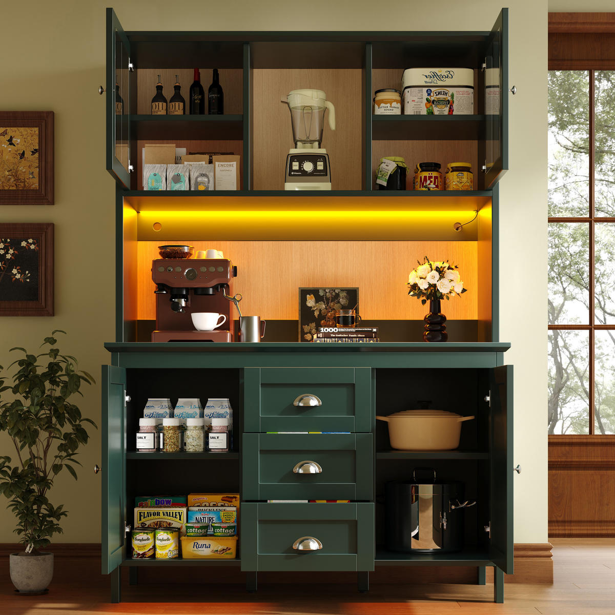 KÜCHENSCHRANK 120x40x179 Cm Glas Türen LED Grün - Grün, Holzwerkstoff (120/179/40cm) - FLIEKS