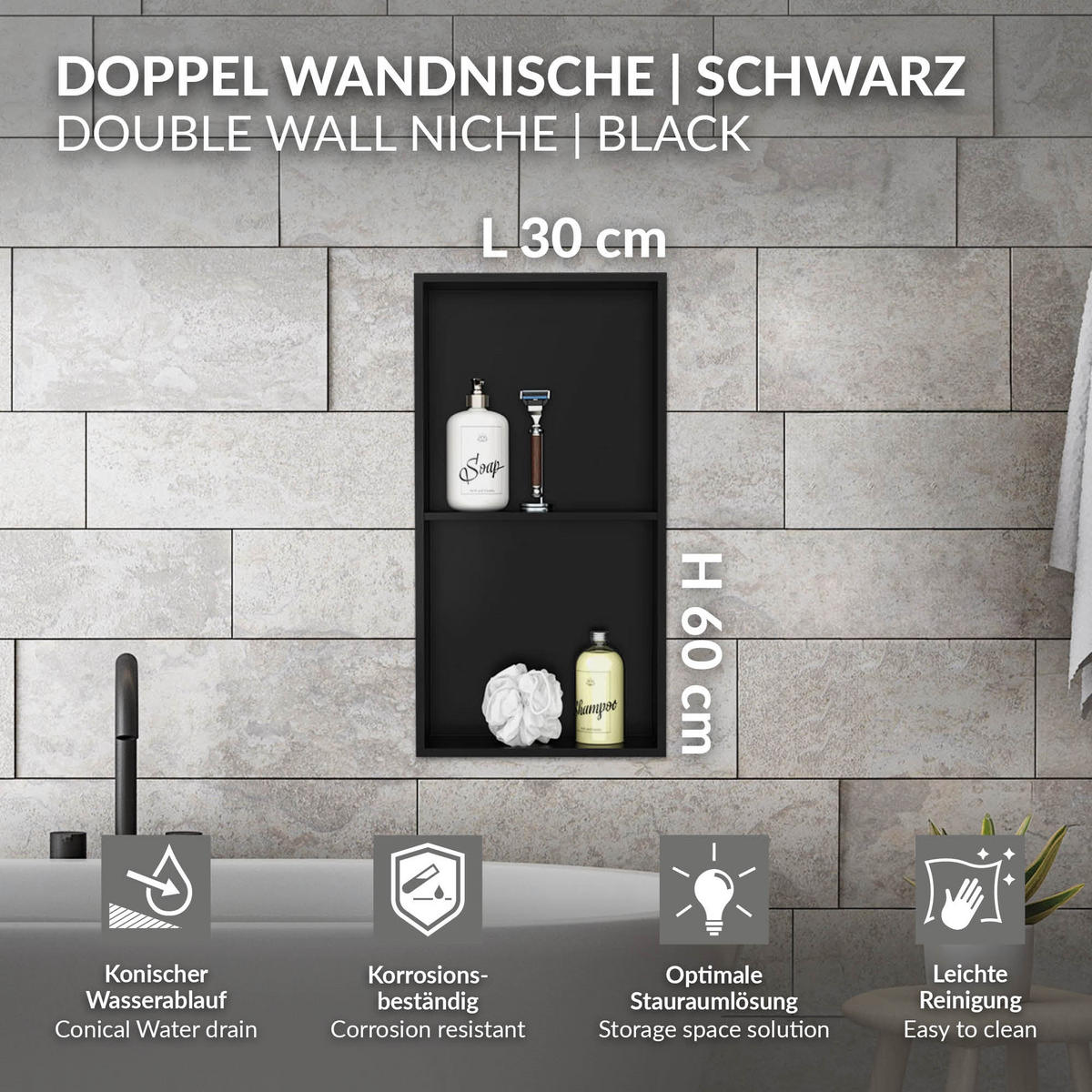 DUSCHNISCHE Schwarz 30/60 cm - Schwarz, Metall (30/60/10cm) - LuxeBath