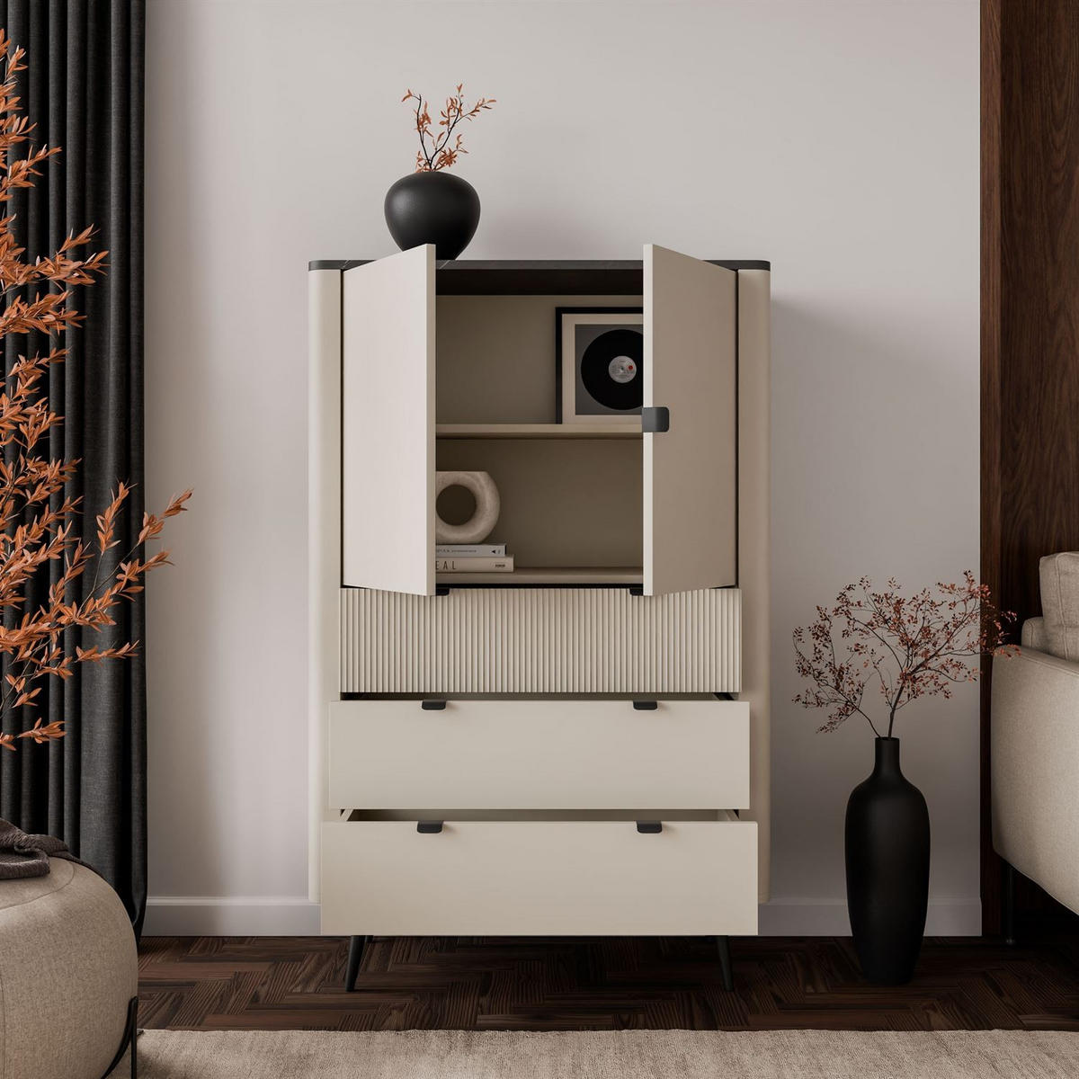 HIGHBOARD mit Schubladen AUTUMN 2D3S mit geriffelter Front, Kaschmir / Grauer Stein - Beige, Holzwerkstoff (90/142/40cm) - Lookway