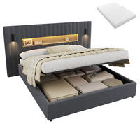 ČALOUNĚNÁ POSTEL 140 × 200 cm s matrací, úložným prostorem, lampičkou na čtení a USB, šedá, sametový potah - šedá, kov/kompozitní dřevo (180/200cm) - STILVORA