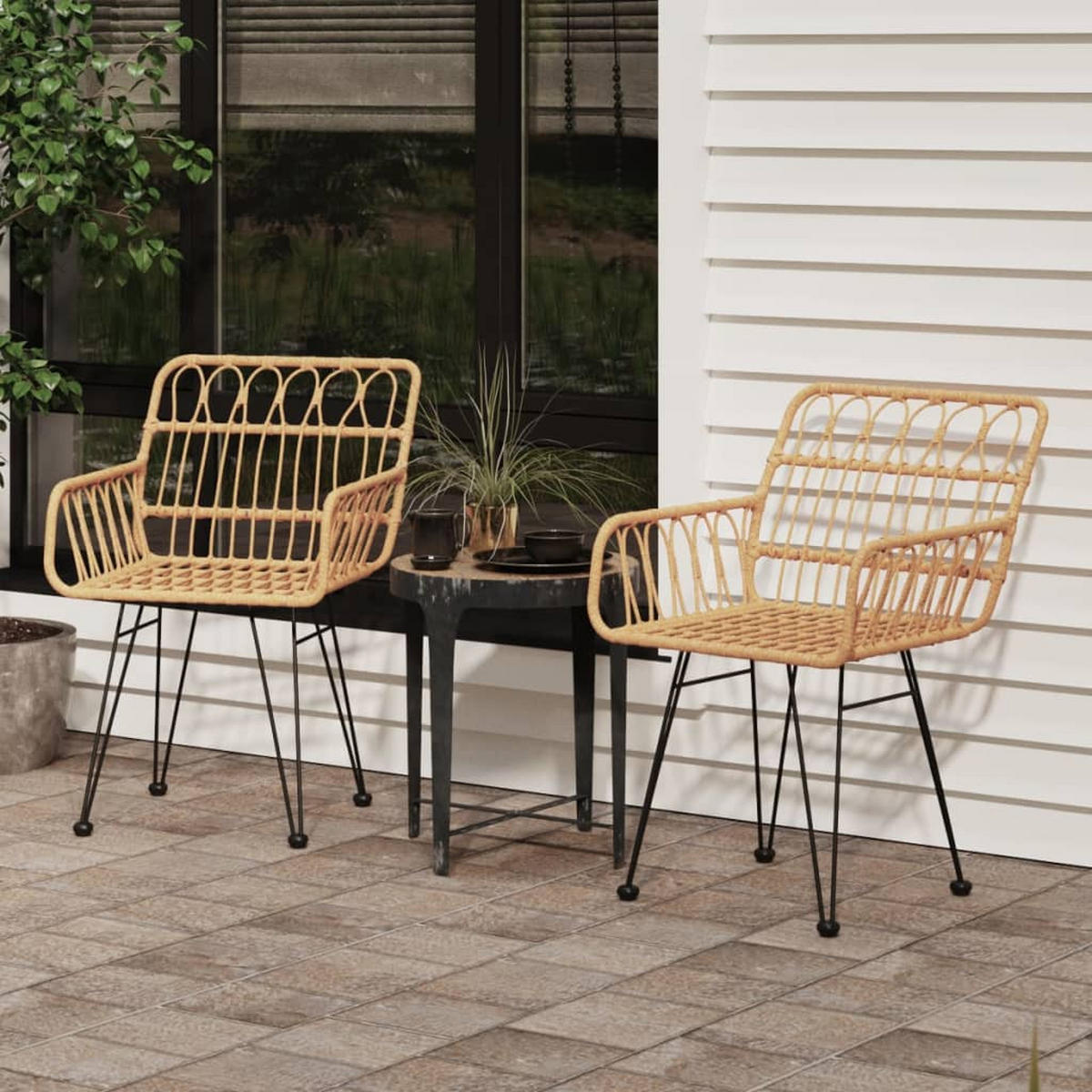 GARTENSTÜHLE 2 Stk. mit Armlehnen 56x64x80 cm PE-Rattan - Braun, Metall (56/80/56cm) - furnicato