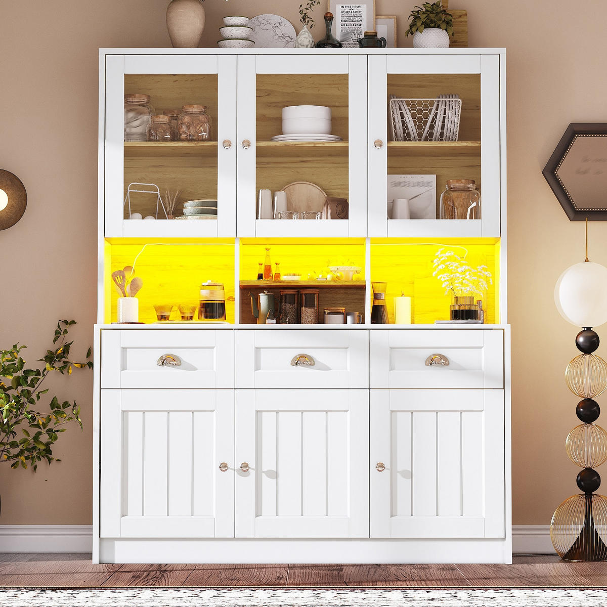 KÜCHENSCHRANK Küchenbuffet Weiß Schwarz, 140/175/40 cm, MDF, MIT LED-BELEUCHTUNG, für Esszimmer und Küche - Weiß, Holzwerkstoff (40/175/140cm) - Rolipo
