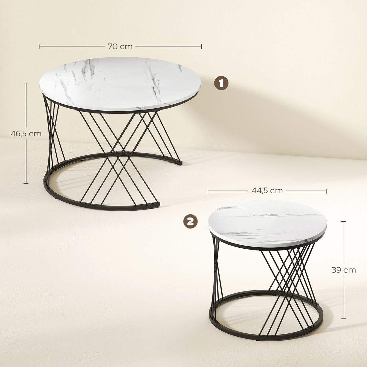 COUCHTISCHE im 2er-Set, Marmoroptik, Spanplatte, Metall, runde Kaffeetische für Wohnzimmer, ineinanderstellbar, Weiß - Weiß, Holzwerkstoff (70/70/46.5cm)