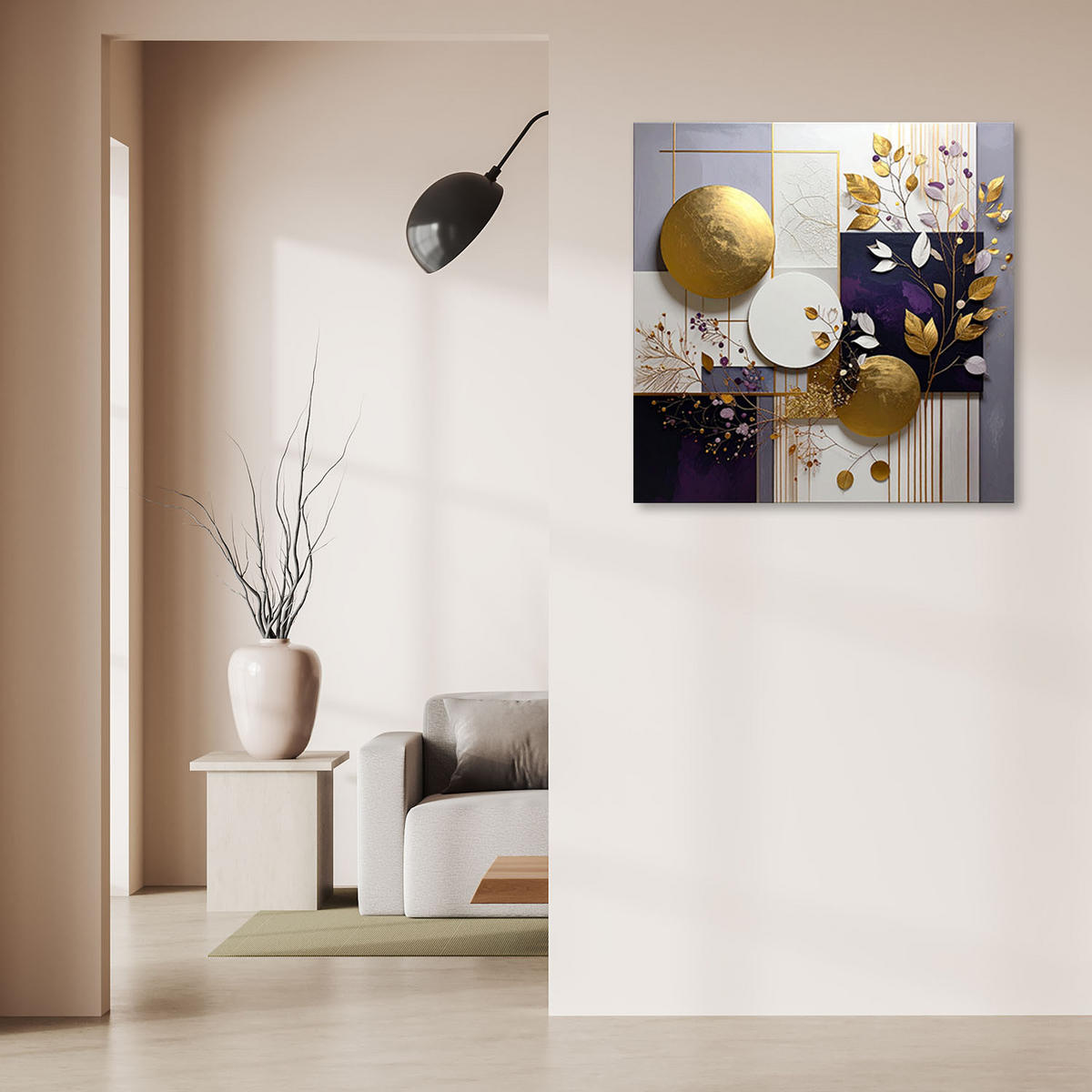 LEINWANDBILD, Abstrakt Kreise Blätter in Violett und Beige - Lila, Textil (40/40cm) - Feeby