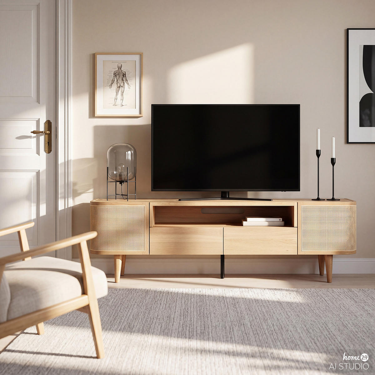 LOWBOARD mit 2 Türen - Rattan / Eiche teilmassiv - Beige, Eichenholz/Holz (180/55/40cm) - home24
