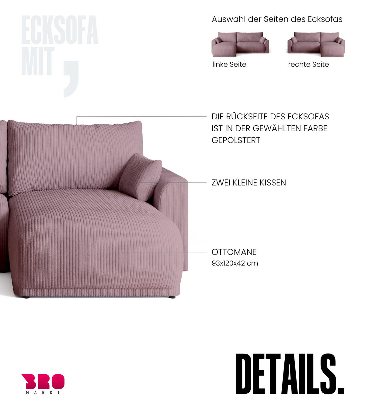 ECKSOFA MORENO mit Schlaffunktion Puderrosa Cord - Pink, Textil (262/160cm) - Bromarkt