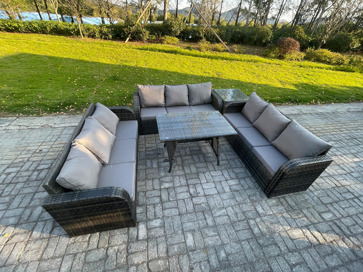 GARTENMÖBELSET mit ESSTISCH, 3-SITZER SOFA Polyrattan 9-Sitzer - Dunkelgrau/Grau, Glas/Kunststoff - Fimous