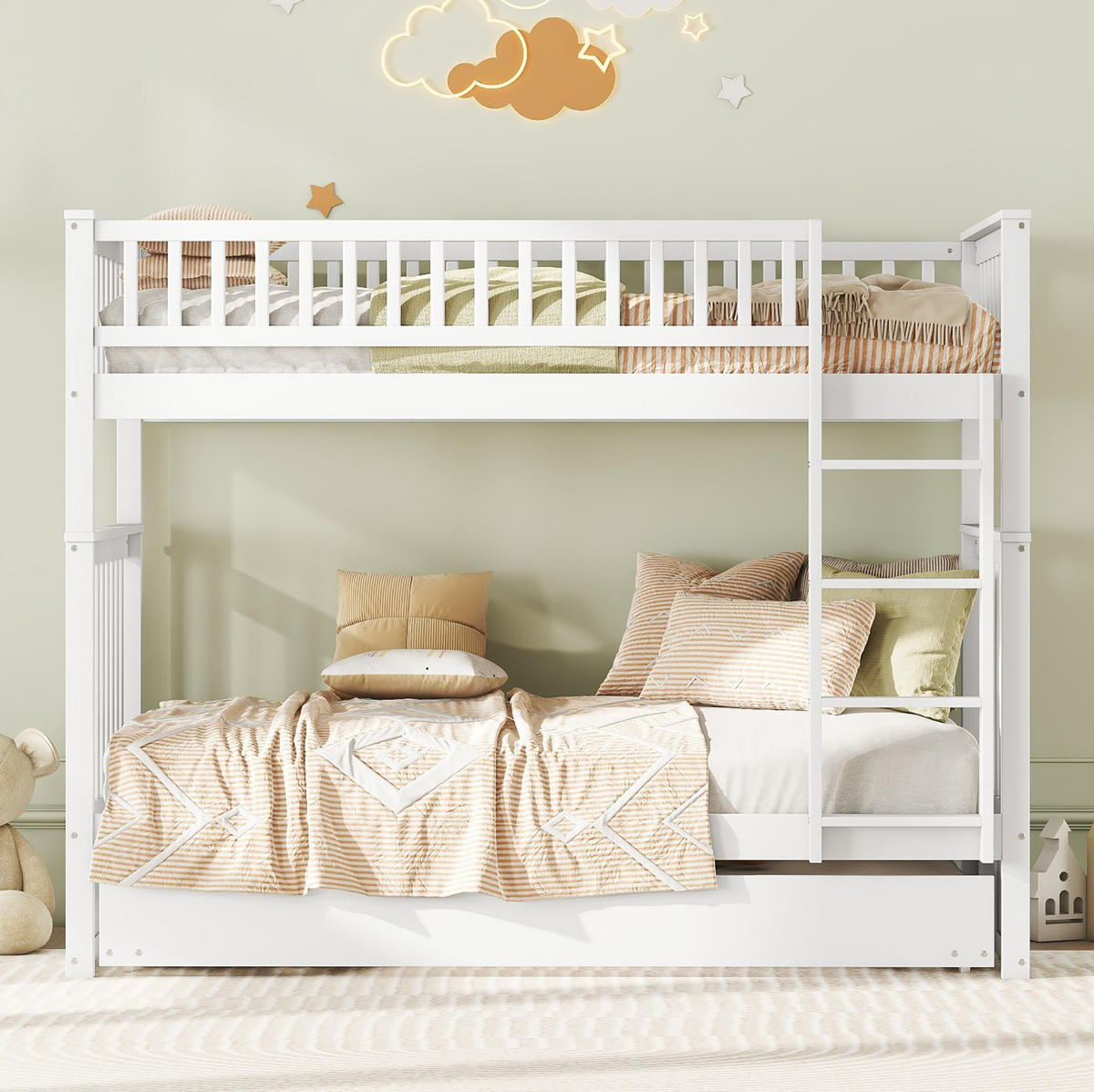 ETAGENBETT 90/200 cm weiß mit Ausziehbett und stabiler Treppe - Weiß, Holz (90/200cm) - OKWISH