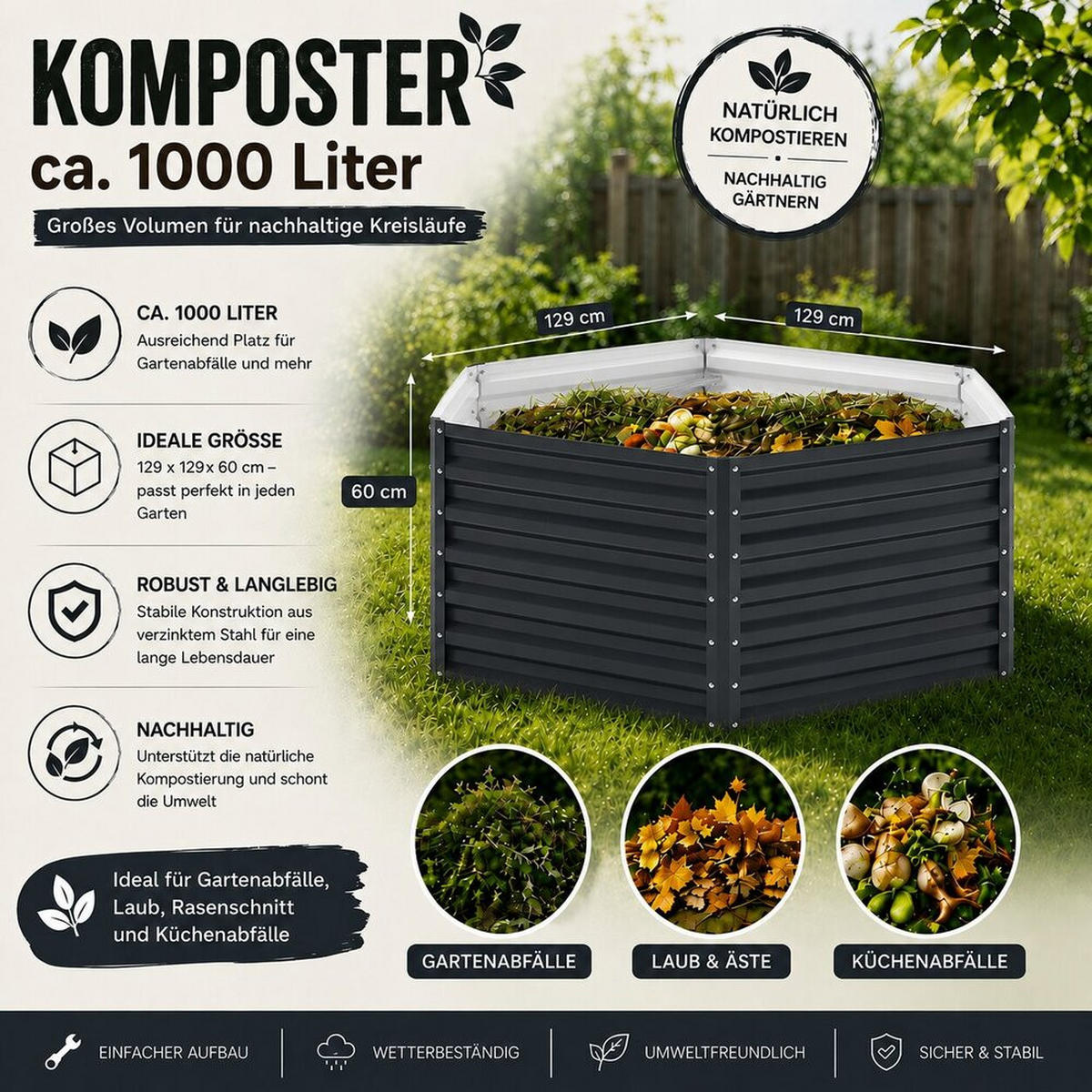 KOMPOSTER Garten, Anthrazit, 148.5 x 129 cm - Anthrazit, Metall (148.5/60/129cm) - Vicco