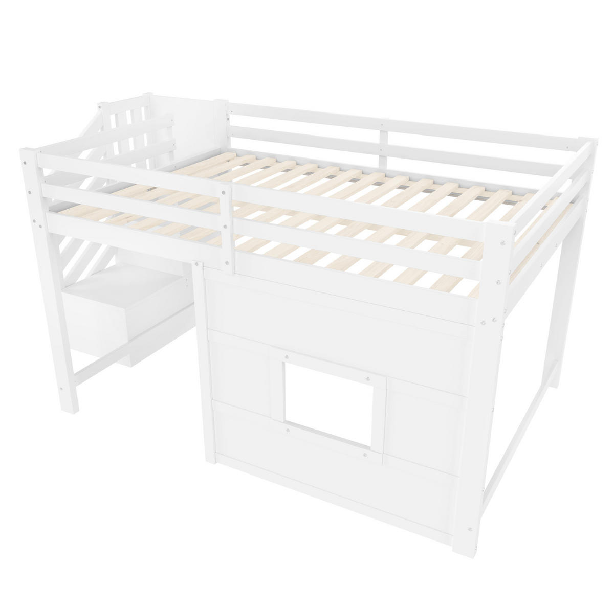 HOCHBETT aus Kiefer, MDF und Sperrholz 140x200 cm Weiß mit Stauraumtreppe, Fenster und LED-Beleuchtung - Weiß, Holzwerkstoff (90/200cm) - Modfu