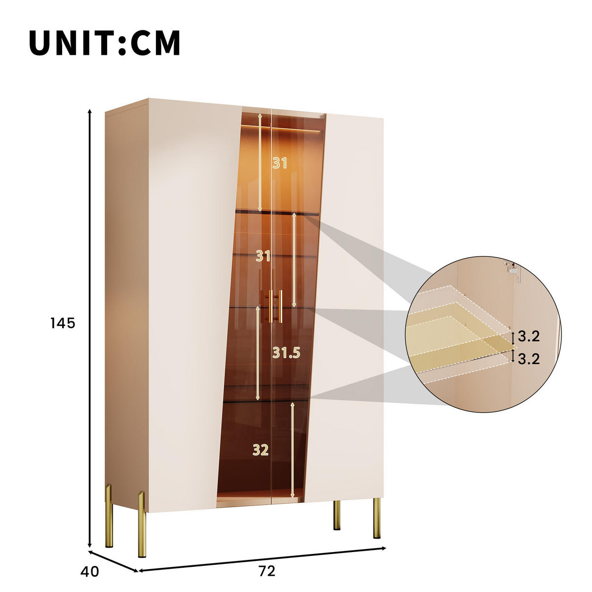 VITRINE 72x40x145 cm mit LED und Glastür - Beige, Holzwerkstoff (72/145/40cm) - FLIEKS