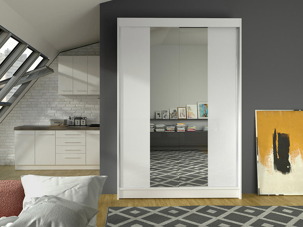 SCHWEBETÜRENSCHRANK Lino II - Weiß, Holzwerkstoff/Metall (120/200/58cm) - MIRJAN24