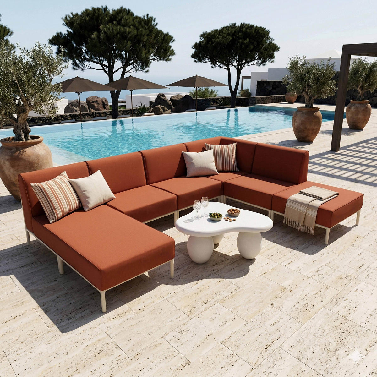 GARTENSOFA mit 6 Sitzplätzen, Terrakotta - Rot, Textil (180/78/360cm) - Oviala